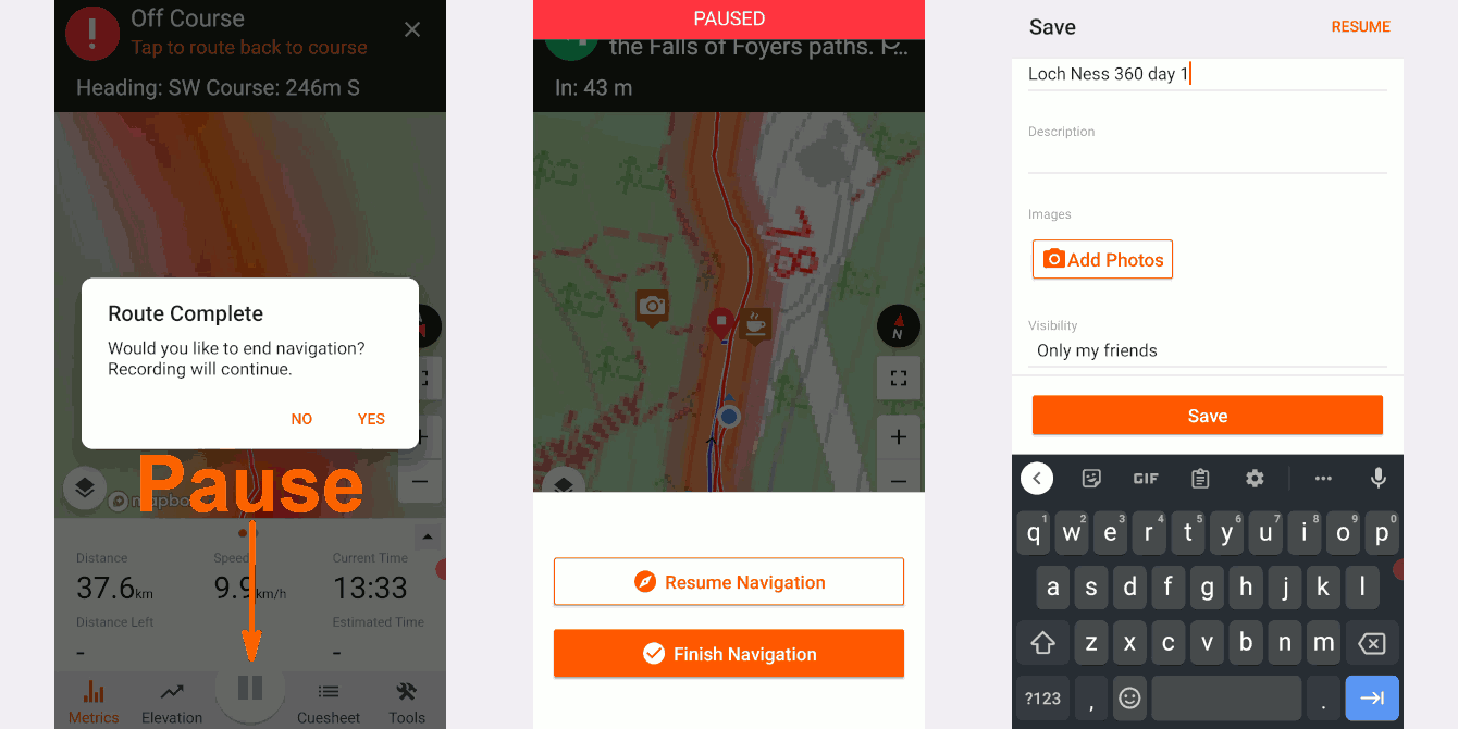 Screenshot of RWGPS app finishing ride screens