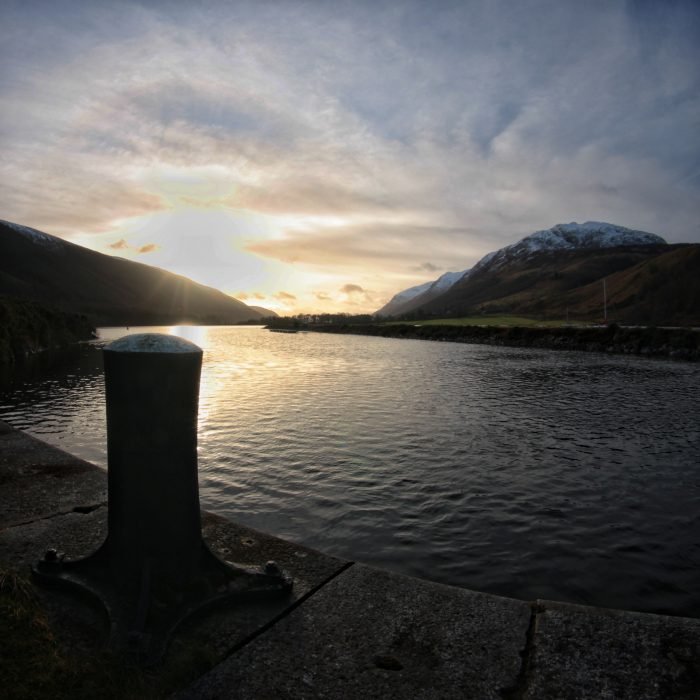 The sunset looking west along Loch Lochy from Laggan Locks on the Great Glen Way